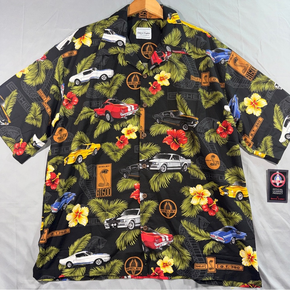 David Carey Shirt Mens 2XL Black Shelby Mustang Hawaiian Button Front Car Print
